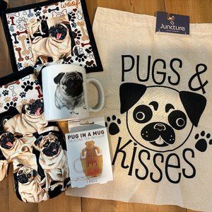 Pugs & Tea Gift Set Bundle w/ mug tea infuser pot holders tote bag Fawn Pug